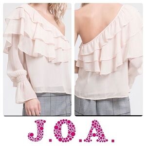 J.O.A. Womens Ruffled metallic Stripe pink Blouse